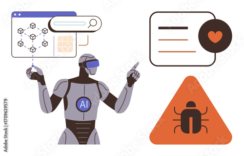 Humanoid AI robot analyzing data flow, identifying bugs, and interpreting user feedback. Ideal for AI, analytics, debugging, innovation, machine learning user experience problem-solving. Simple