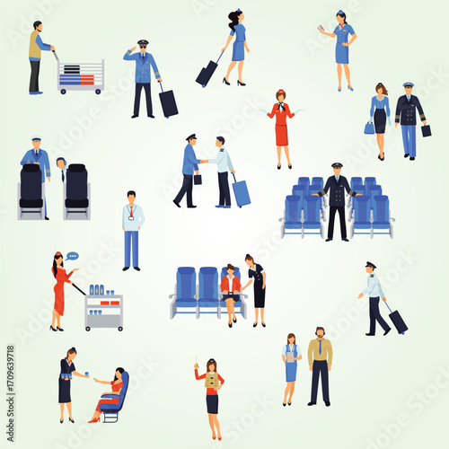 Flat Illustration Diverse Airport Staff and Passenger Character Set Design