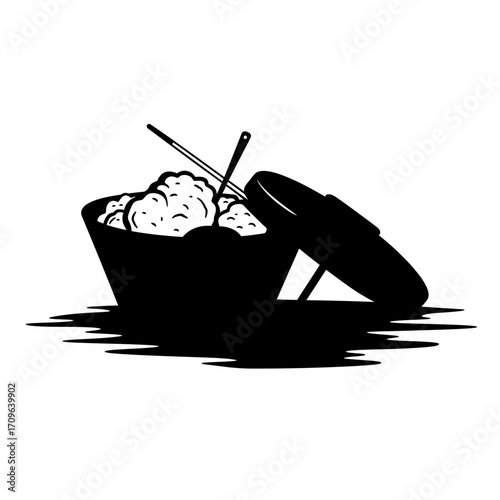 Black silhouette of a bowl of food with chopsticks and a lid suggestive of asian cuisine