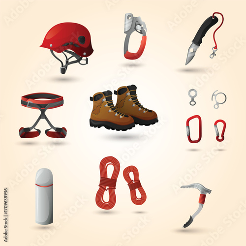 Detailed Cartoon Mountaineering Climbing Equipment Illustration with Backpacking and Safety Gear