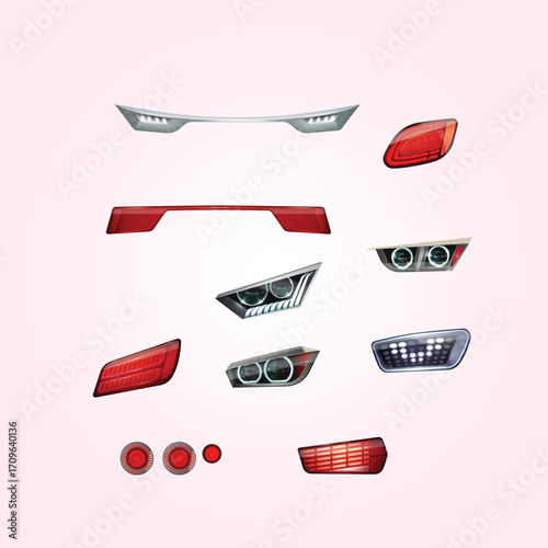 Flat Styled Car Light Assortment Spare Part Isolated Illustration