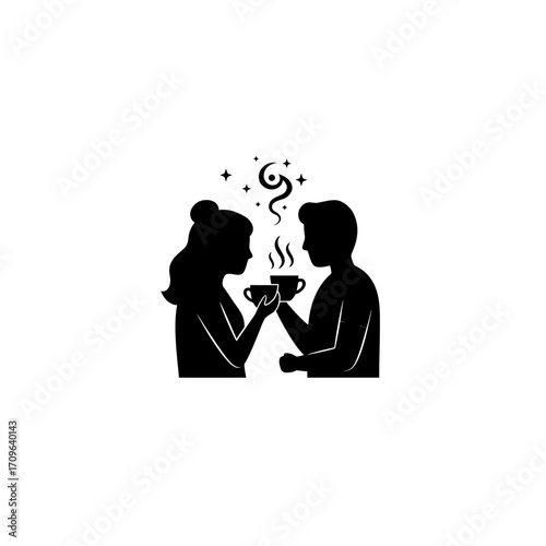 Romantic silhouette couple sharing coffee steam art romantic evening togetherness warm beverage drink