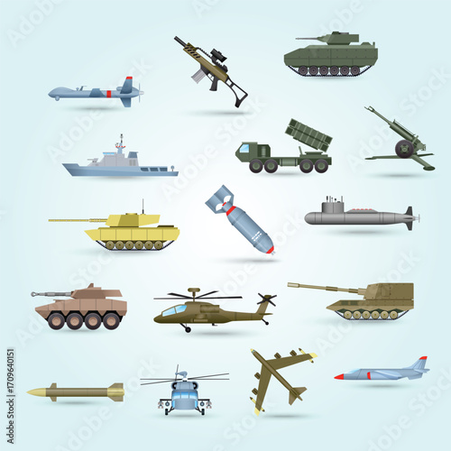Flat Style Detailed Warfare Collection Vehicle and Weapon Isolated Illustration