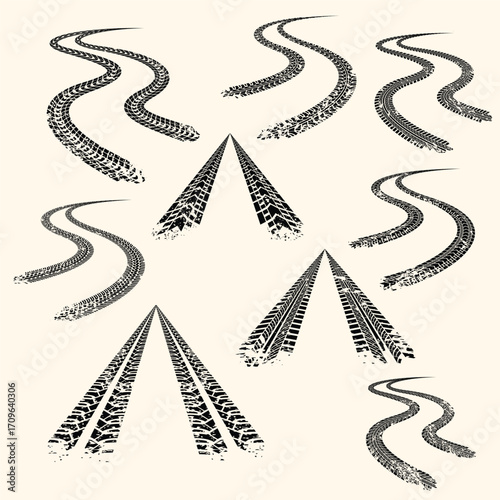 Grunge Textured Tire Marks Collection Isolated on Light Background Graphic