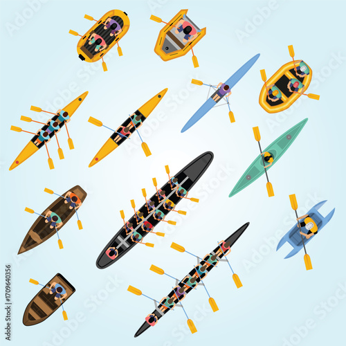 Top View Colorful Flat Illustration Various Boats and Kayaks Recreation