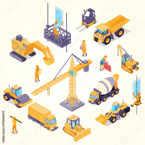Isometric Heavy Duty Construction Vehicle and Worker Set Illustration