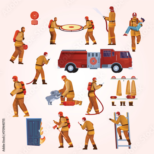 Flat Illustration of Firefighter in Various Actions and Firetruck Elements Set
