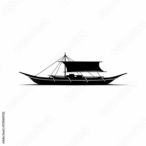 Traditional outrigger boat silhouette sailing on calm water nautical maritime scene