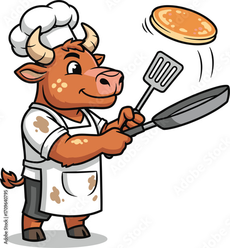 Cute cartoon bull chef flipping a pancake in a frying pan