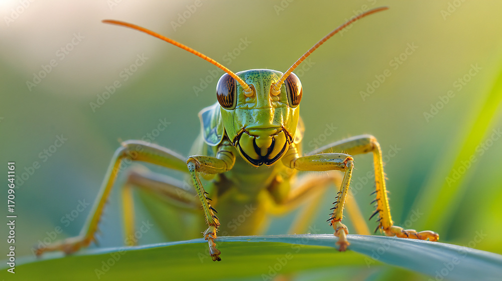 Naklejka premium Up close with a vibrant green grasshopper perched delicately on a leafy blade in nature
