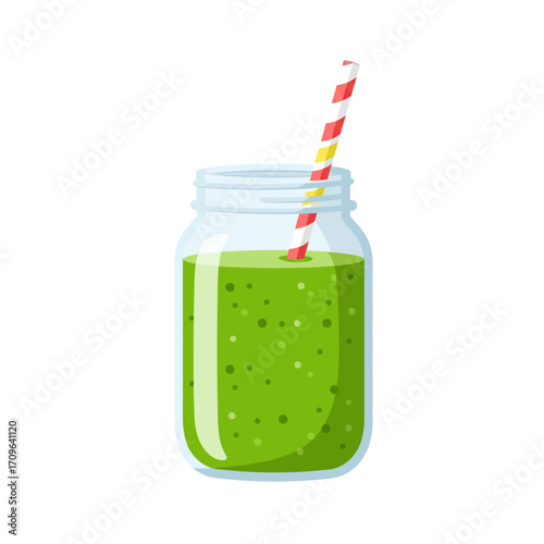 Refreshing green smoothie in a mason jar with a striped straw for healthy refreshment