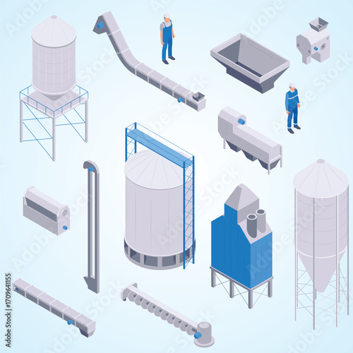 Isometric Agriculture Silo and Grain Processing Equipment Industry Illustration