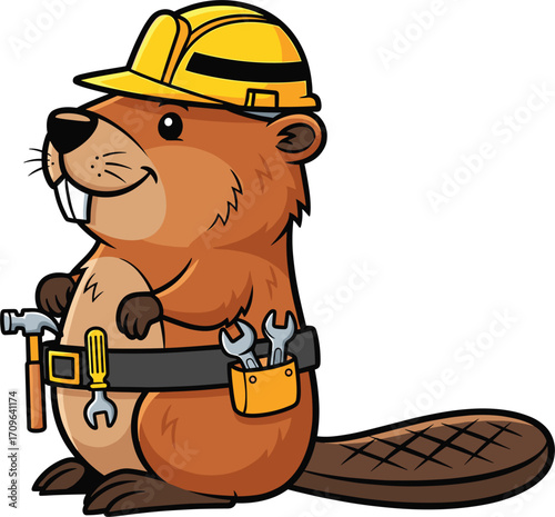 Cute cartoon beaver wearing a hard hat and tool belt ready for work