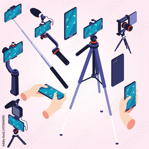 Mobile phone photo and video accessories, isometric vector illustration. Smartphone holder, lenses, camera attachments. Selfie stick tripod, monopod. Smartphone photography and video equipment