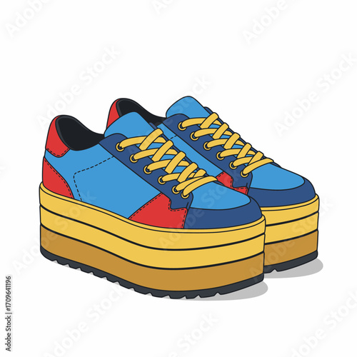 Vibrant platform sneakers with bold color blocking and chunky yellow laces