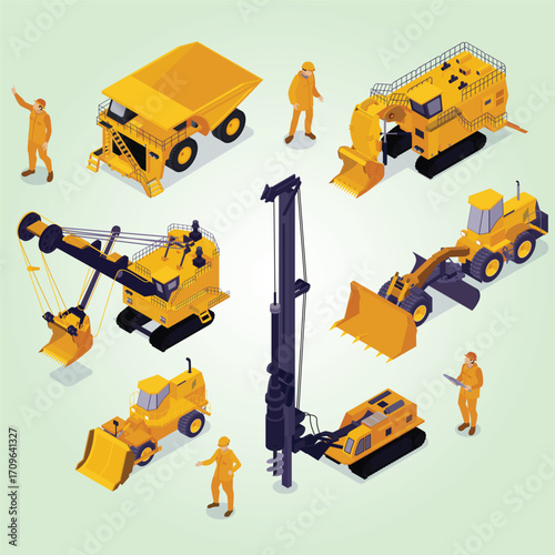 Isometric Detailed Construction Equipment and Workers Heavy Industry Machinery Set