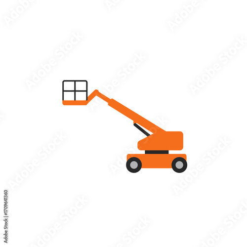 Orange articulating boom lift with basket elevated for construction and aerial work