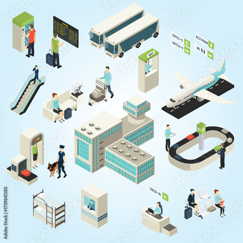 Isometric Style Detailed Airport Terminal Illustration with Passengers and Infrastructure Elements