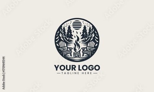 Inviting black and white vector logo of a campfire with an Adirondack chair in a forest, a cozy design