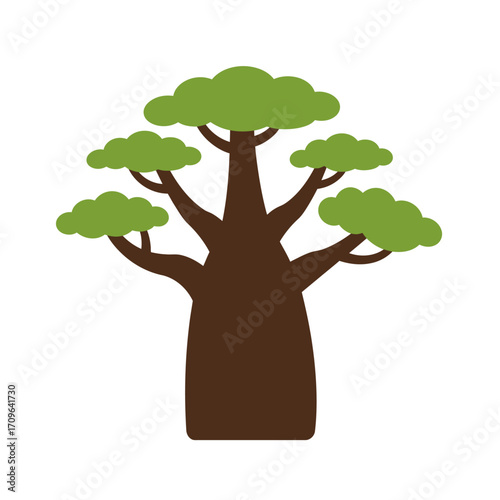 Stylized baobab tree with green foliage and thick brown trunk iconic african landscape element