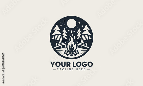 Inviting black and white vector logo of a campfire with an Adirondack chair in a forest, a cozy design