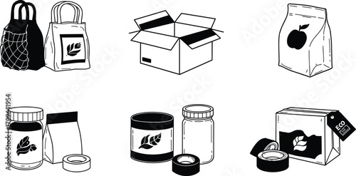 Eco packaging icons, reusable bags, cardboard box, paper bag, glass jar, eco container, sustainable design, recycling, green lifestyle, vector illustration