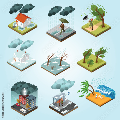 Isometric Weather Conditions Scenes Illustration with Seasons and Natural Disasters