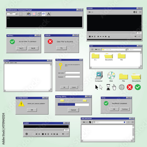 Nostalgic Old Operating System Windows Pop Up Boxes UI Elements Set