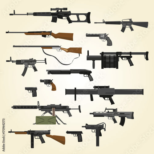 Flat Illustration Various Style of Weapon Firearm Gun Armory Set