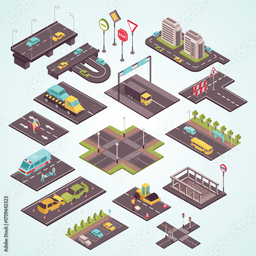 Isometric Detailed Cityscape Road Traffic Elements Collection Illustration