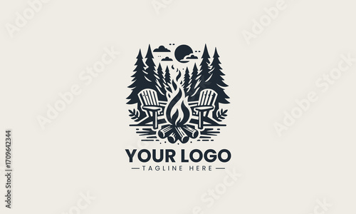 Inviting black and white vector logo of a campfire with an Adirondack chair in a forest, a cozy design