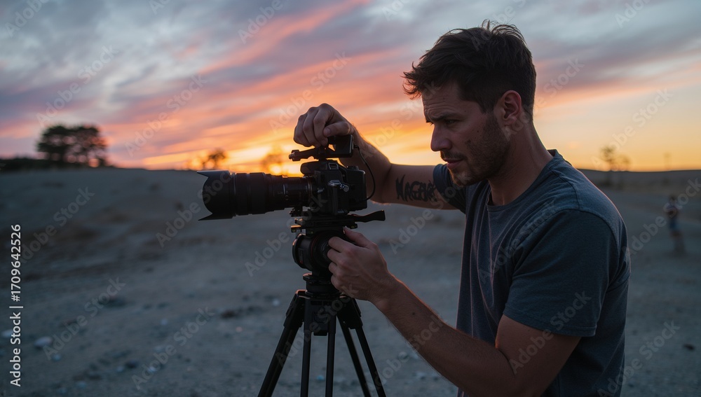 Fototapeta premium Photographer adjusting DSLR camera on tripod with telephoto lens under sunset sky, copy space