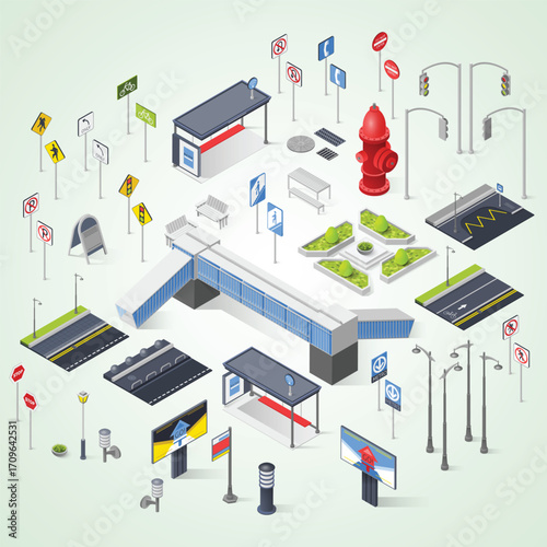 Isometric Detailed City Street Urban Environment Elements Isolated Illustration