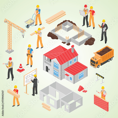 Isometric Detailed House Construction Site with Worker and Equipment Illustration