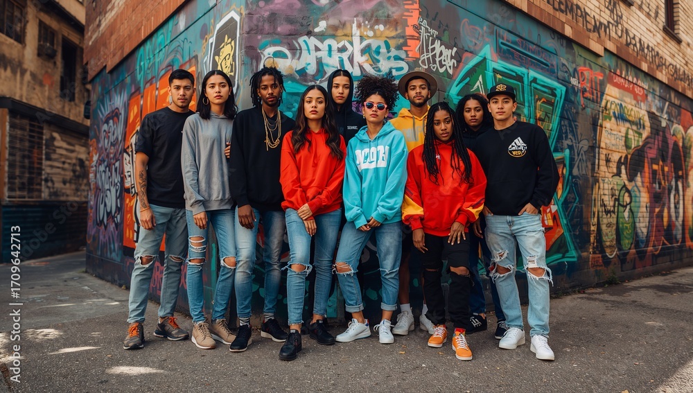 Naklejka premium Posing group of ten wearing hoodies, ripped jeans, sneakers in alley, with graffiti-covered walls