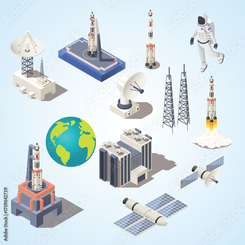 Isometric Detailed Space Exploration Elements and Objects Collection Illustration