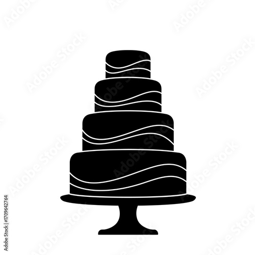 Elegant black multi tiered cake silhouette with swirling white frosting detail on stand