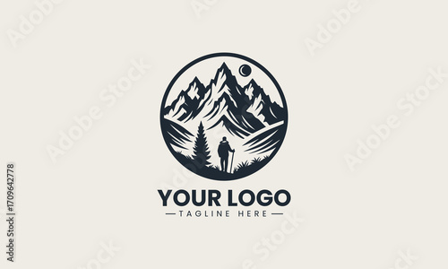 Inspiring black and white vector logo of a lone hiker gazing at majestic mountains, a perfect design for exploration brands