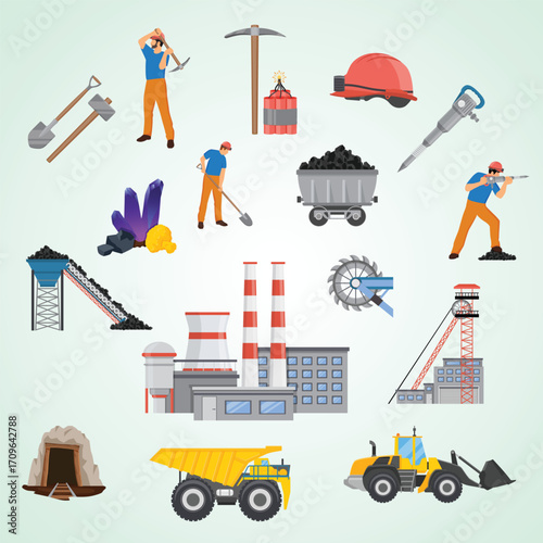 Detailed Flat Mining Industry Element Composition with Mining Tools and Machinery