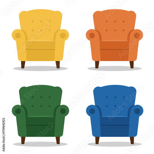 Four comfortable armchairs in bright colors yellow orange green blue for home or office decor