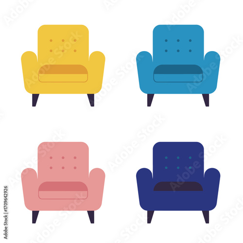 Four cozy armchairs in yellow blue pink and dark blue for interior design decor