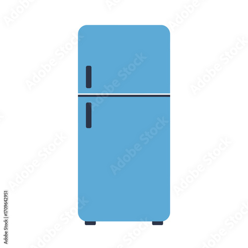 Retro style blue refrigerator appliance for kitchen food storage and cooling