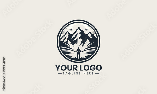 Inspiring black and white vector logo of a lone hiker gazing at majestic mountains, a perfect design for exploration brands
