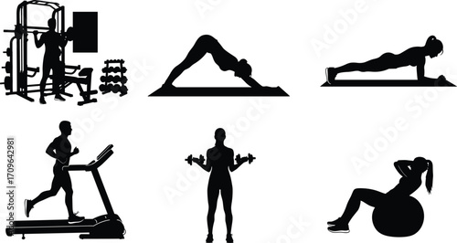Fitness silhouettes, workout icons, barbell squat, yoga pose, plank exercise, treadmill running, dumbbell training, core workout, healthy lifestyle, vector illustration