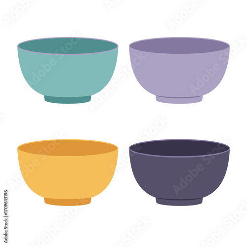 Set of four colorful ceramic bowls isolated on kitchenware for food serving dishes