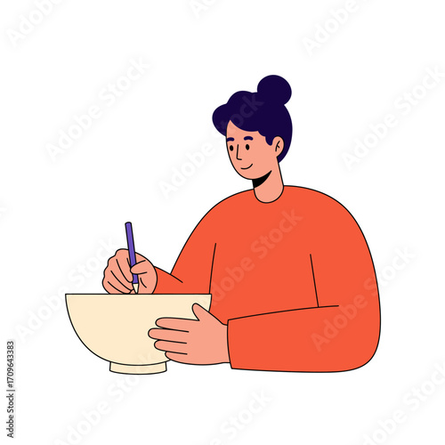 Person writing in a bowl with a pen engaging in creative work or study