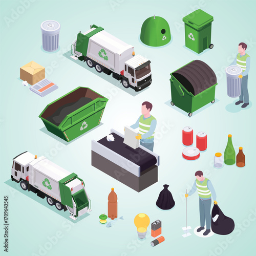 Isometric Waste Management and Recycling Process Illustration with Different Elements