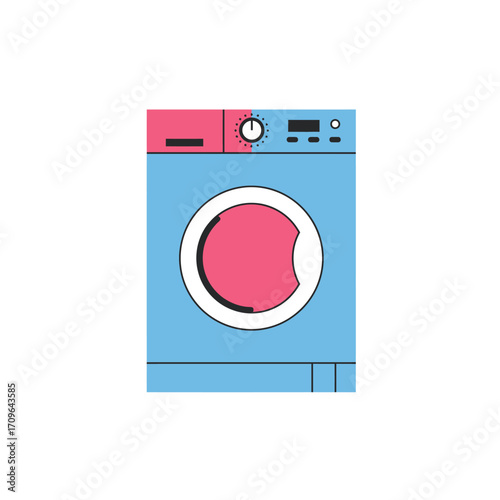 Modern two-tone washing machine with circular door and control panel flat design style