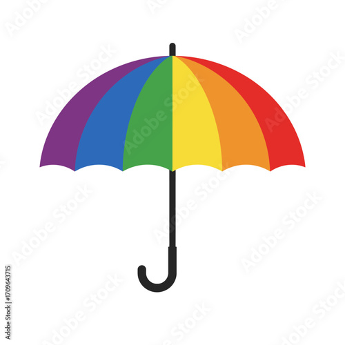 Vibrant rainbow umbrella protects from rain with colorful panels and black handle