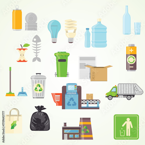 Flat Style Detail Assortment of Garbage and Recycling Icons Set